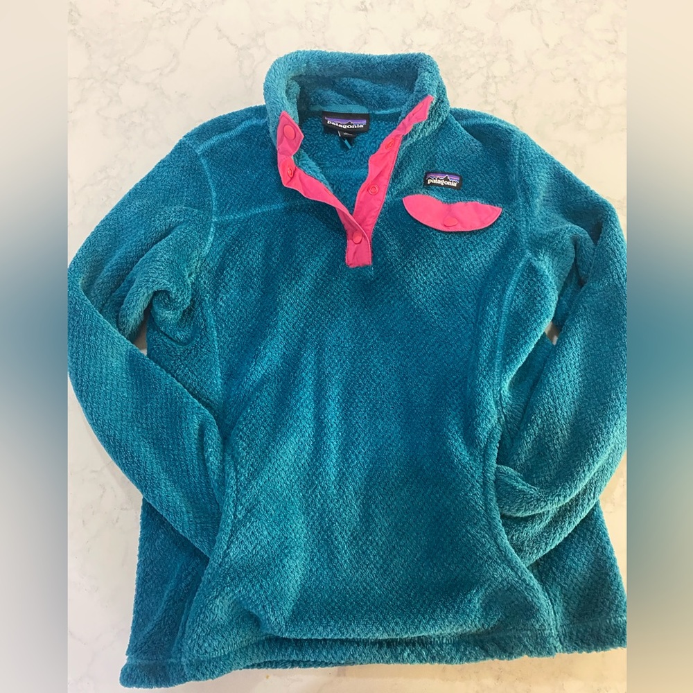 Patagonia Girls' Lightweight Synchilla Fleece Snap-T Pullover, teal blue/ pink